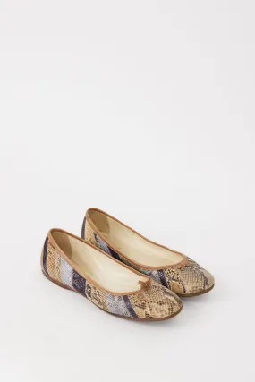 Beige & Multicolour Leather Embossed Bow Flat