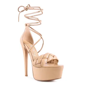 Beige Tie-Up Braided High Platform Sandals
