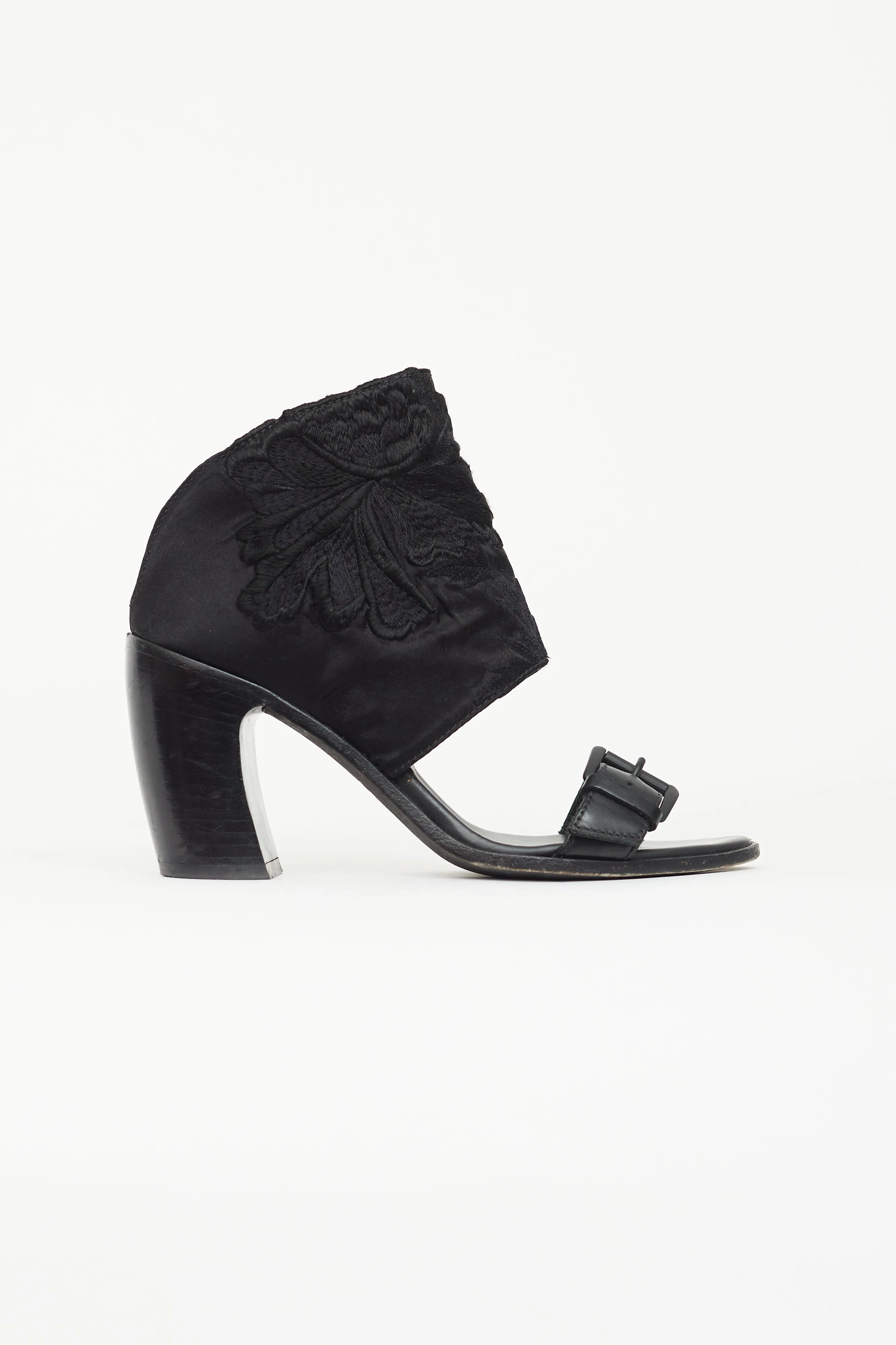 Black Leather & Satin Floral Heel