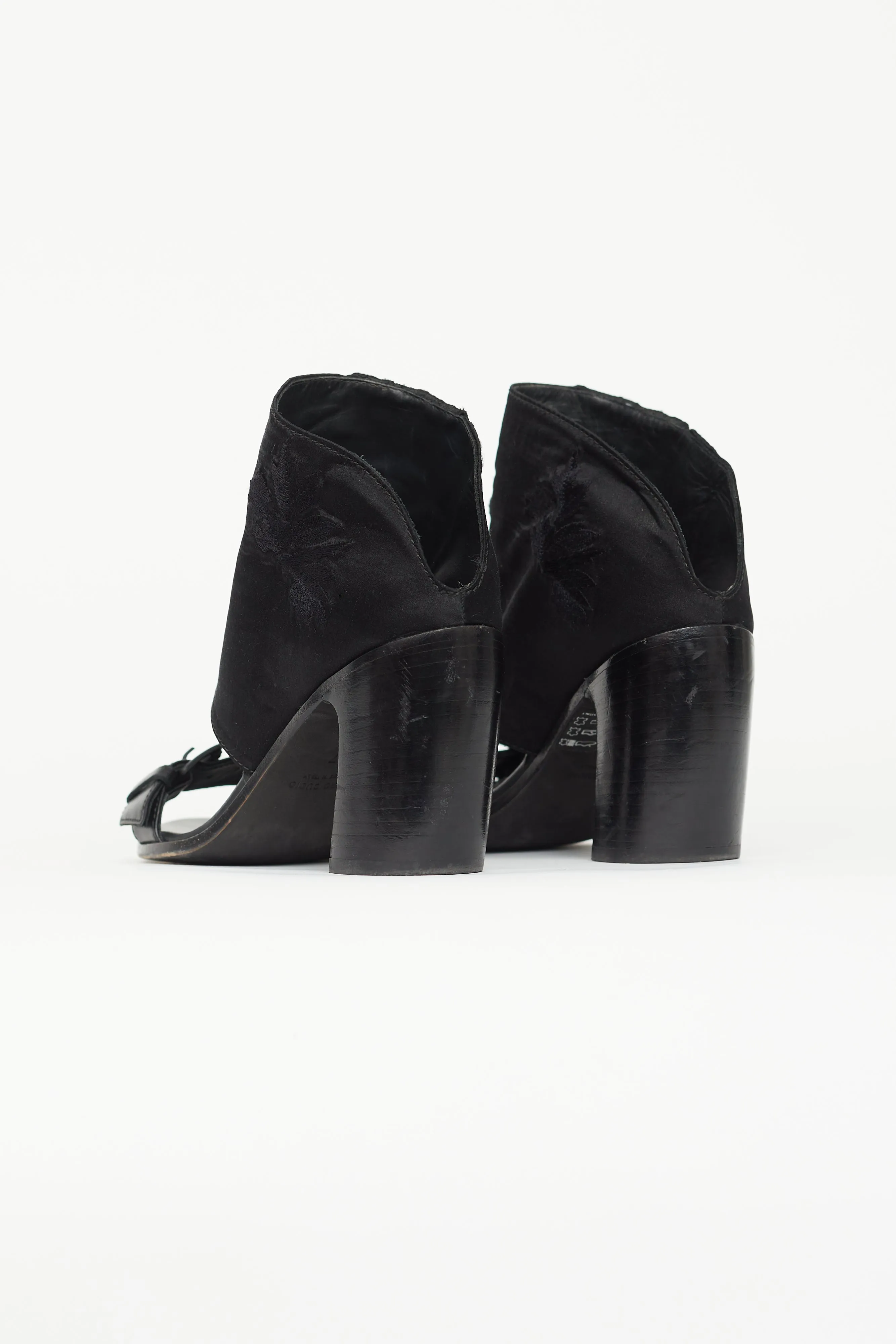 Black Leather & Satin Floral Heel