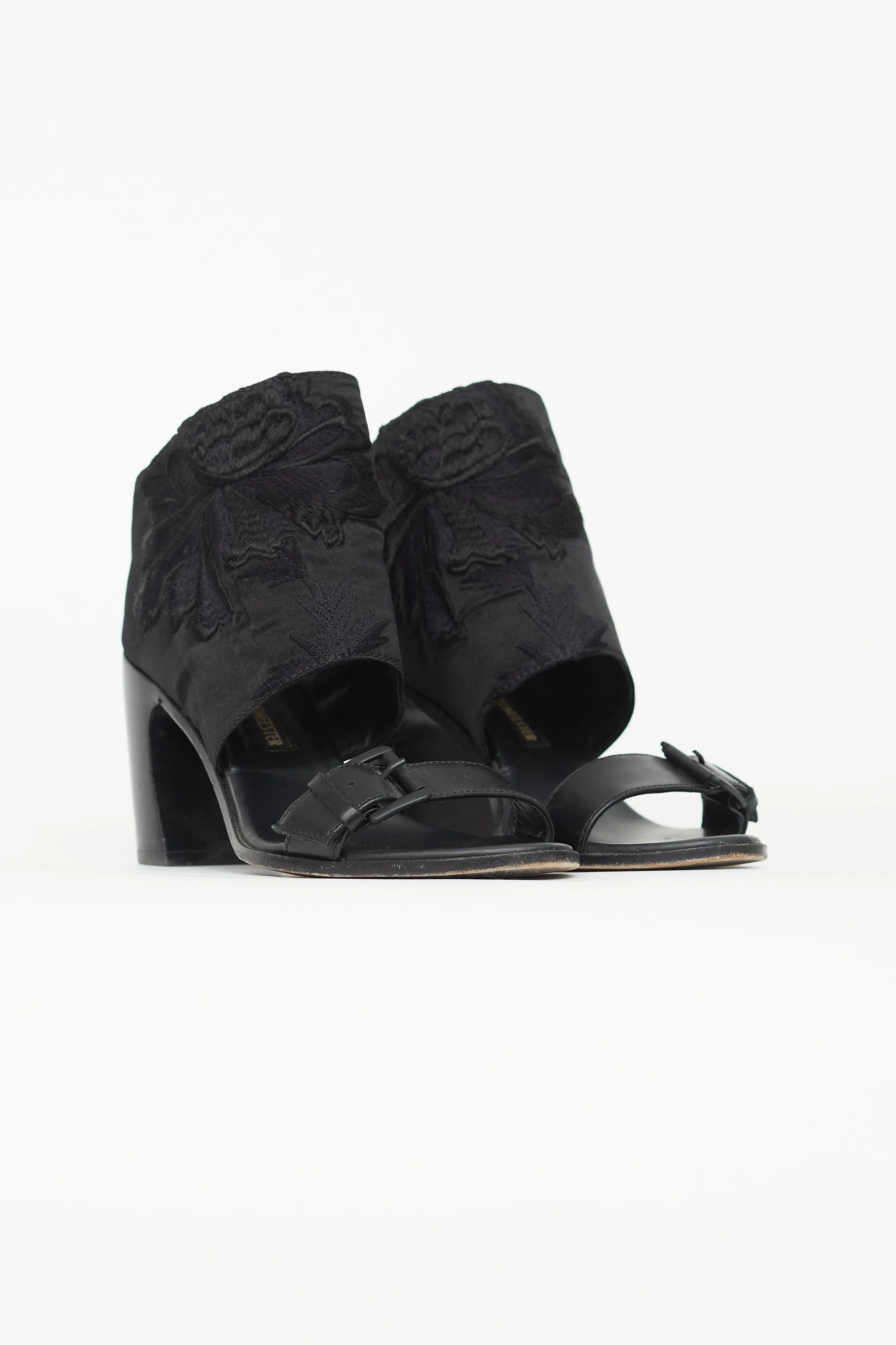 Black Leather & Satin Floral Heel
