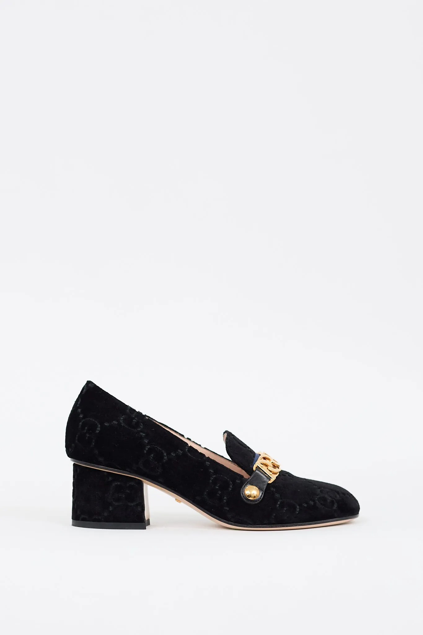 Black Velvet GG Sylvie Web Chain Heeled Loafer
