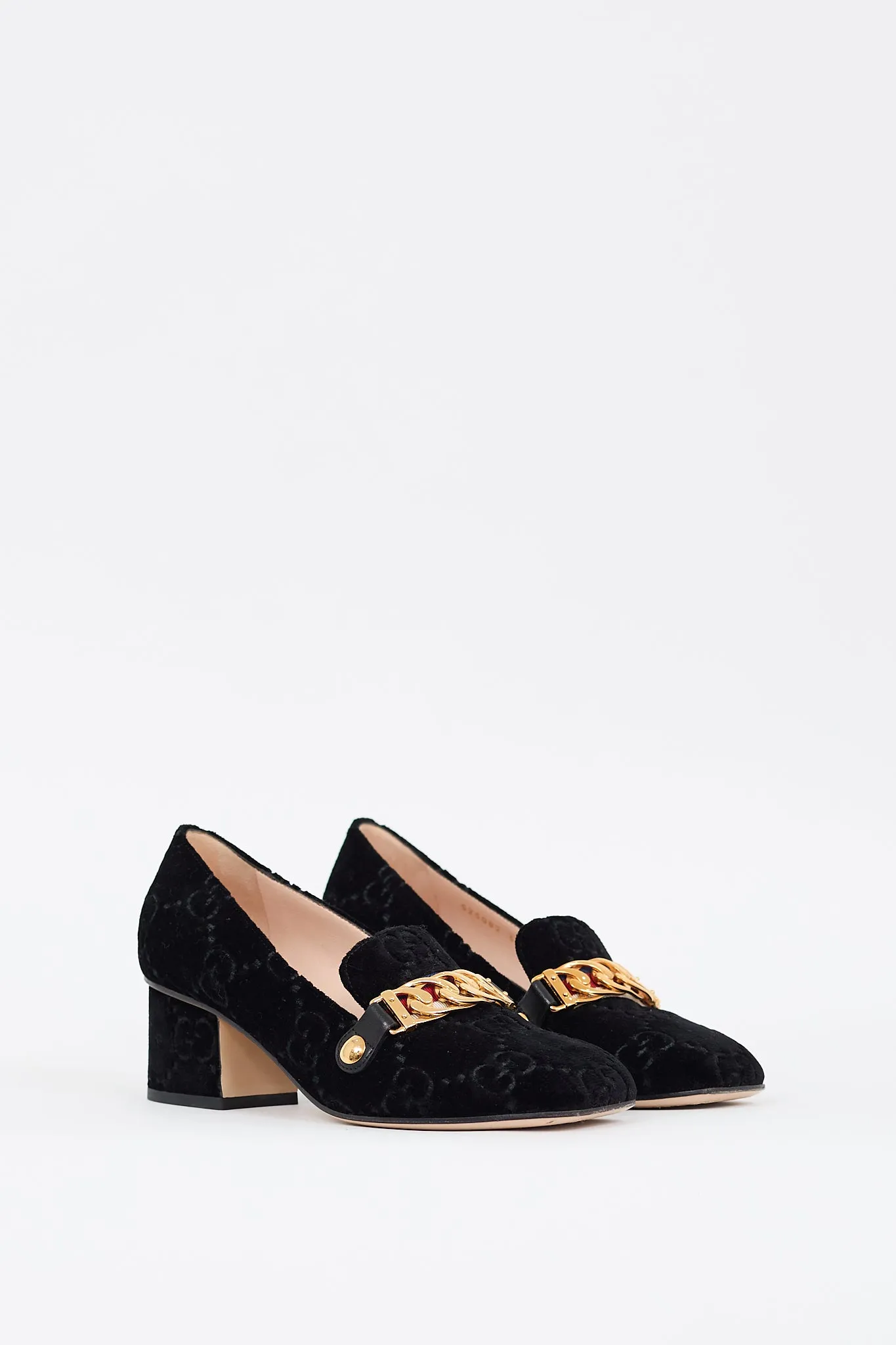 Black Velvet GG Sylvie Web Chain Heeled Loafer