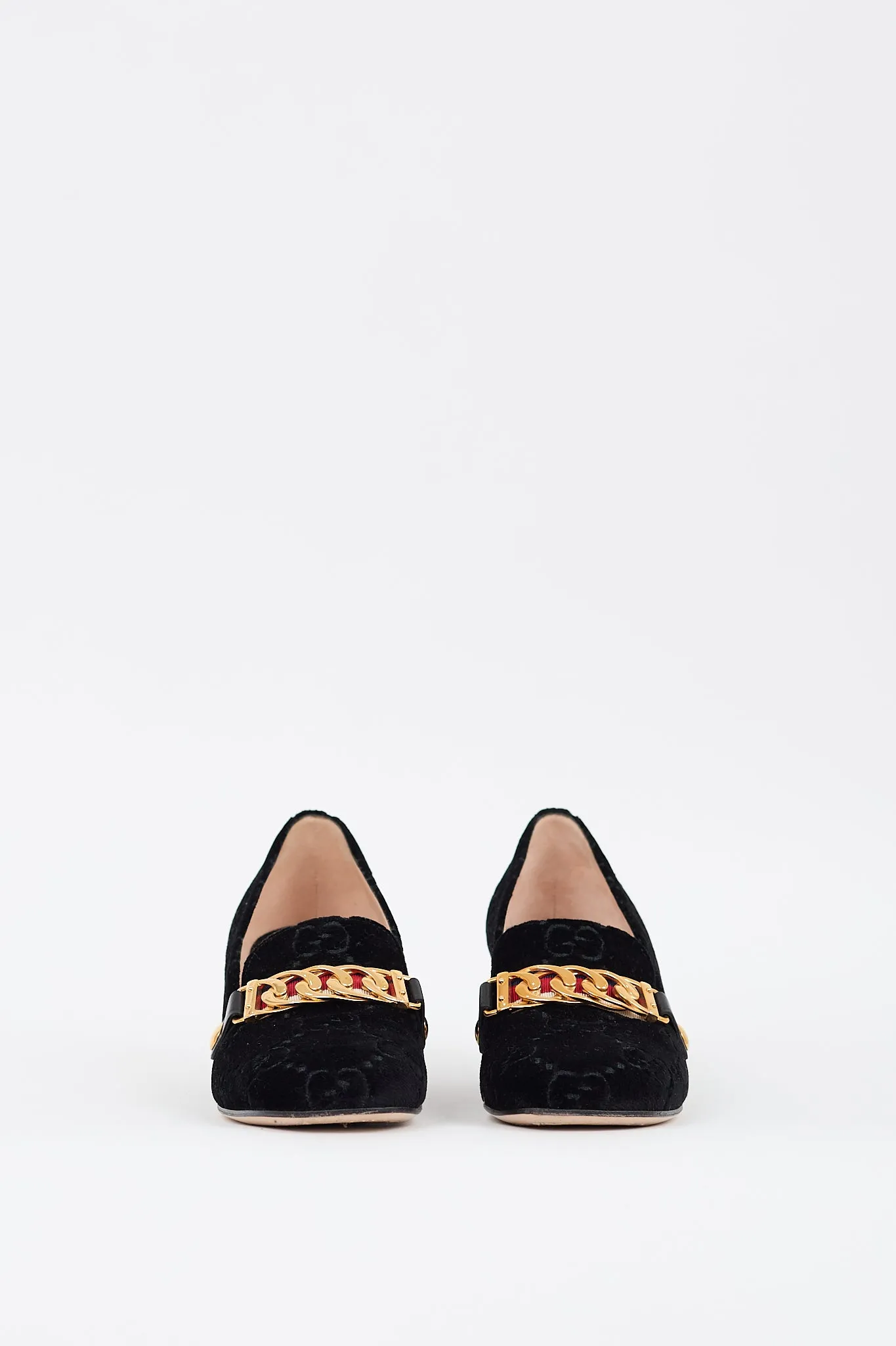 Black Velvet GG Sylvie Web Chain Heeled Loafer