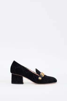 Black Velvet GG Sylvie Web Chain Heeled Loafer