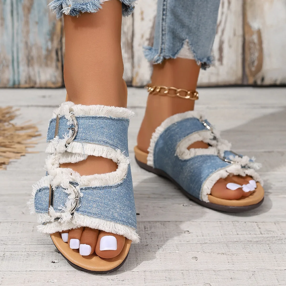 Blue Denim Double Buckle Women Slippers Tassle Comfortable Women Sandals