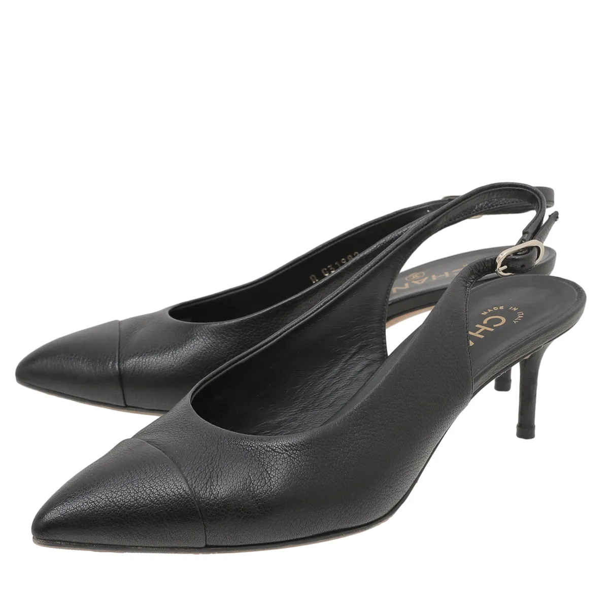 Chanel Black CC Cap Toe Pointed Slingback Pumps 39