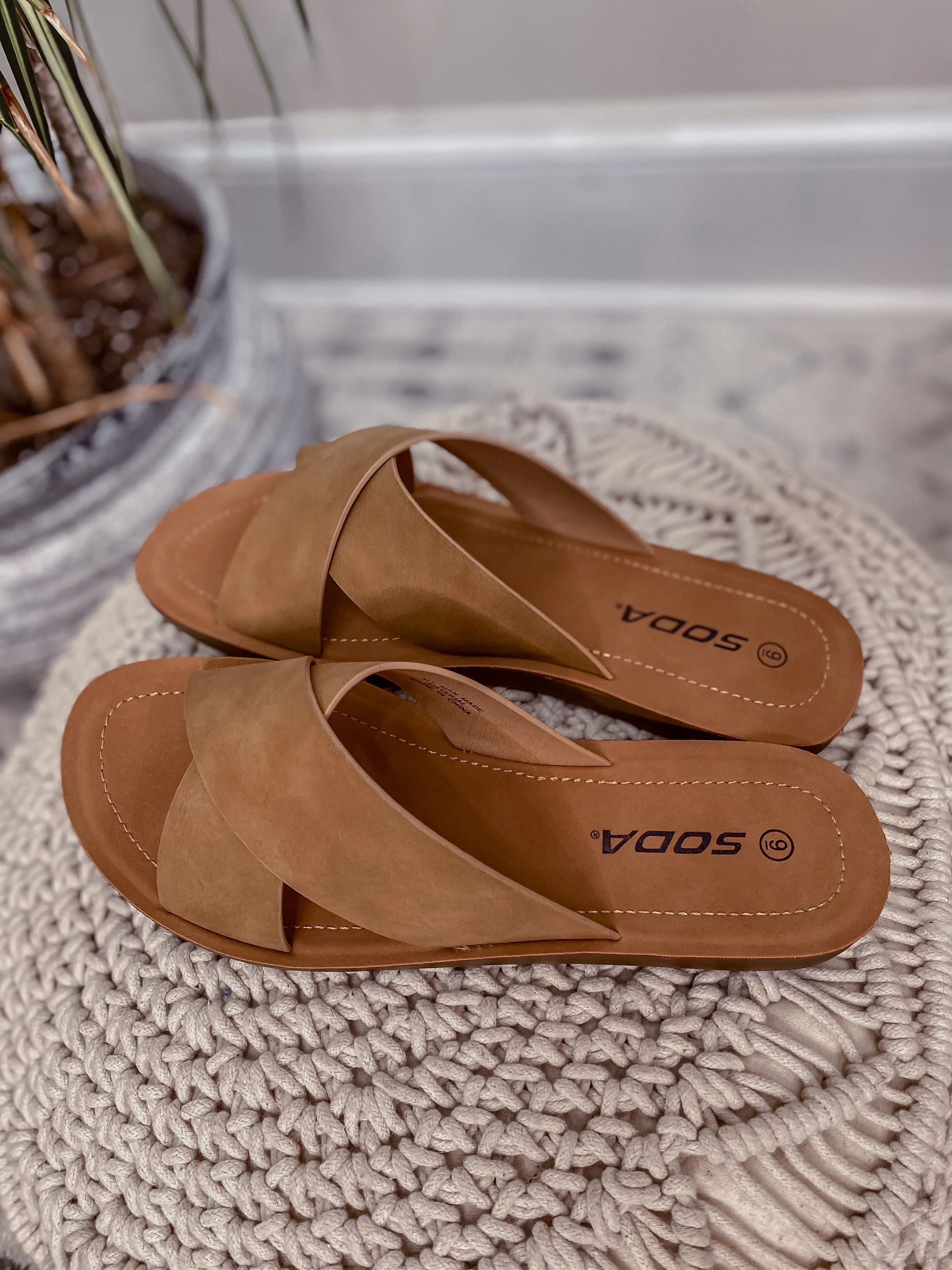 Coffee Criss Cross Slip On Sandal