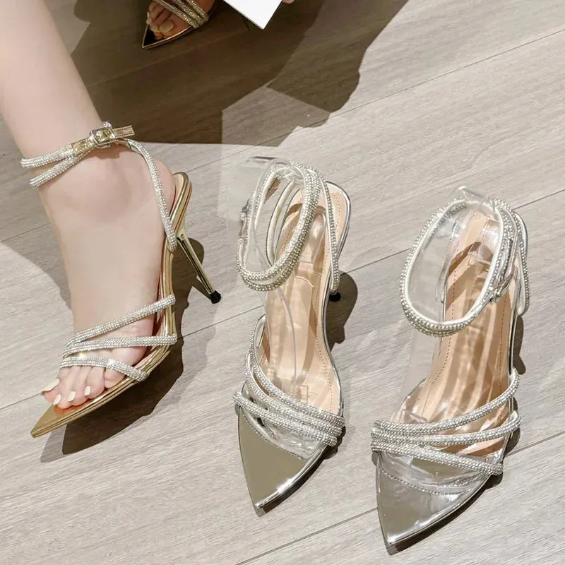 Crystal Thin High Heels Buckle Strap Shoes