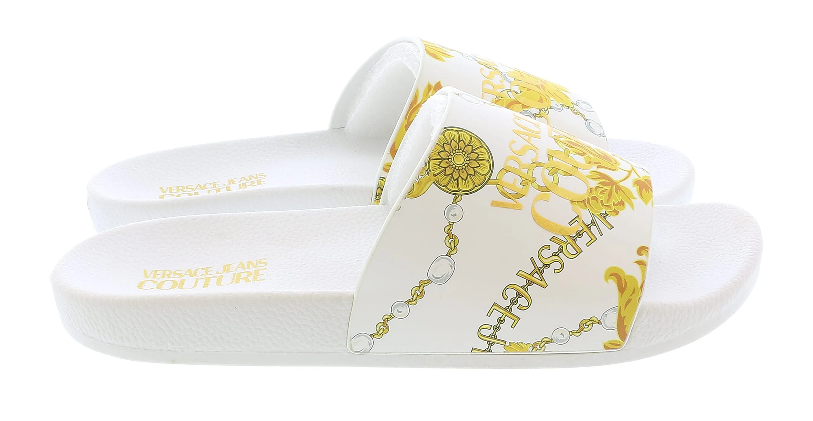 Damaged/Store Return Versace Jeans Couture White/Gold Signature Pattern Pool Slide-11