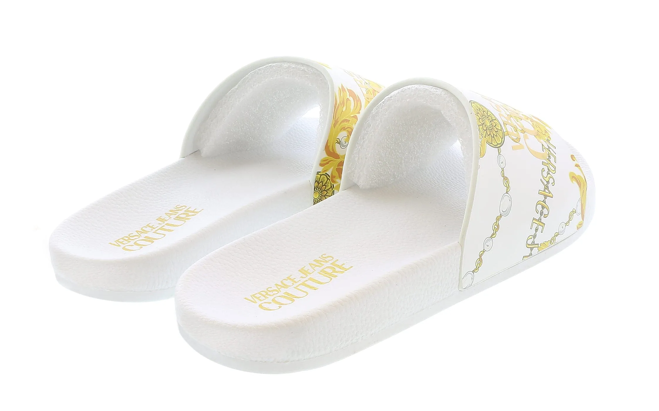 Damaged/Store Return Versace Jeans Couture White/Gold Signature Pattern Pool Slide-11