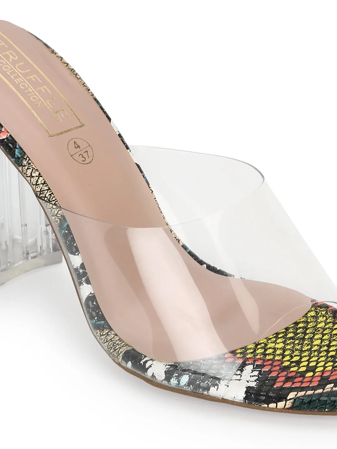 Multicolor PU Clear Perspex High Heel Mules