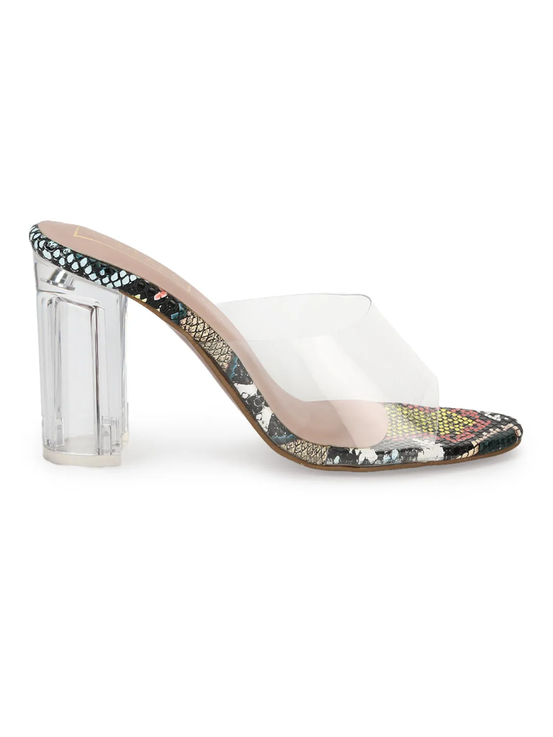 Multicolor PU Clear Perspex High Heel Mules