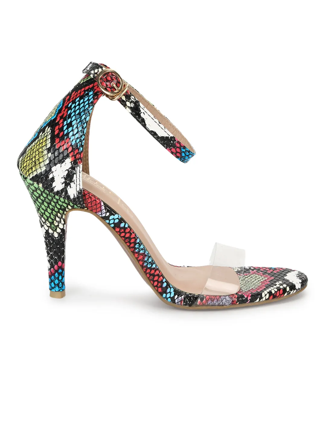 Multicolor Snake Stilettos With Clear Straps