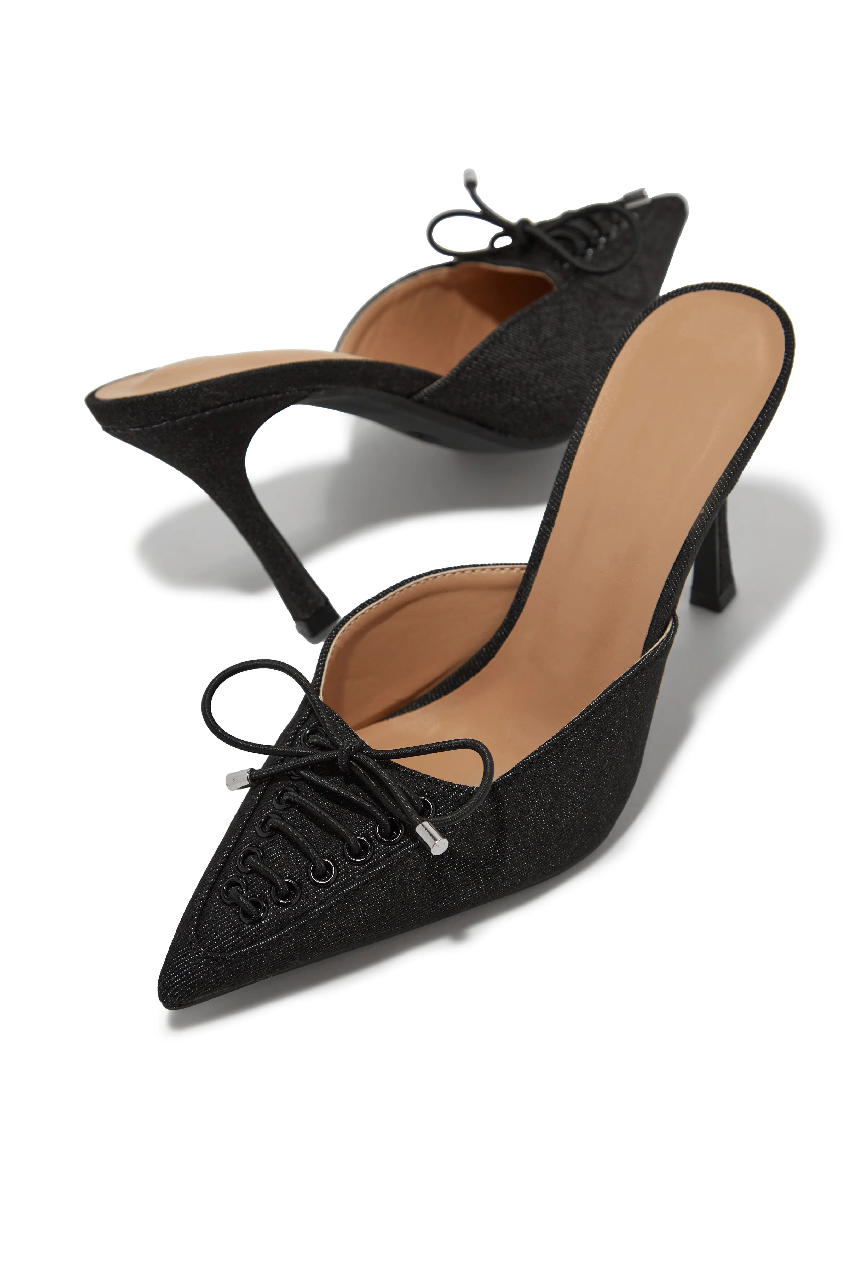Nyla Pointed Toe Mule Heels - Black Denim