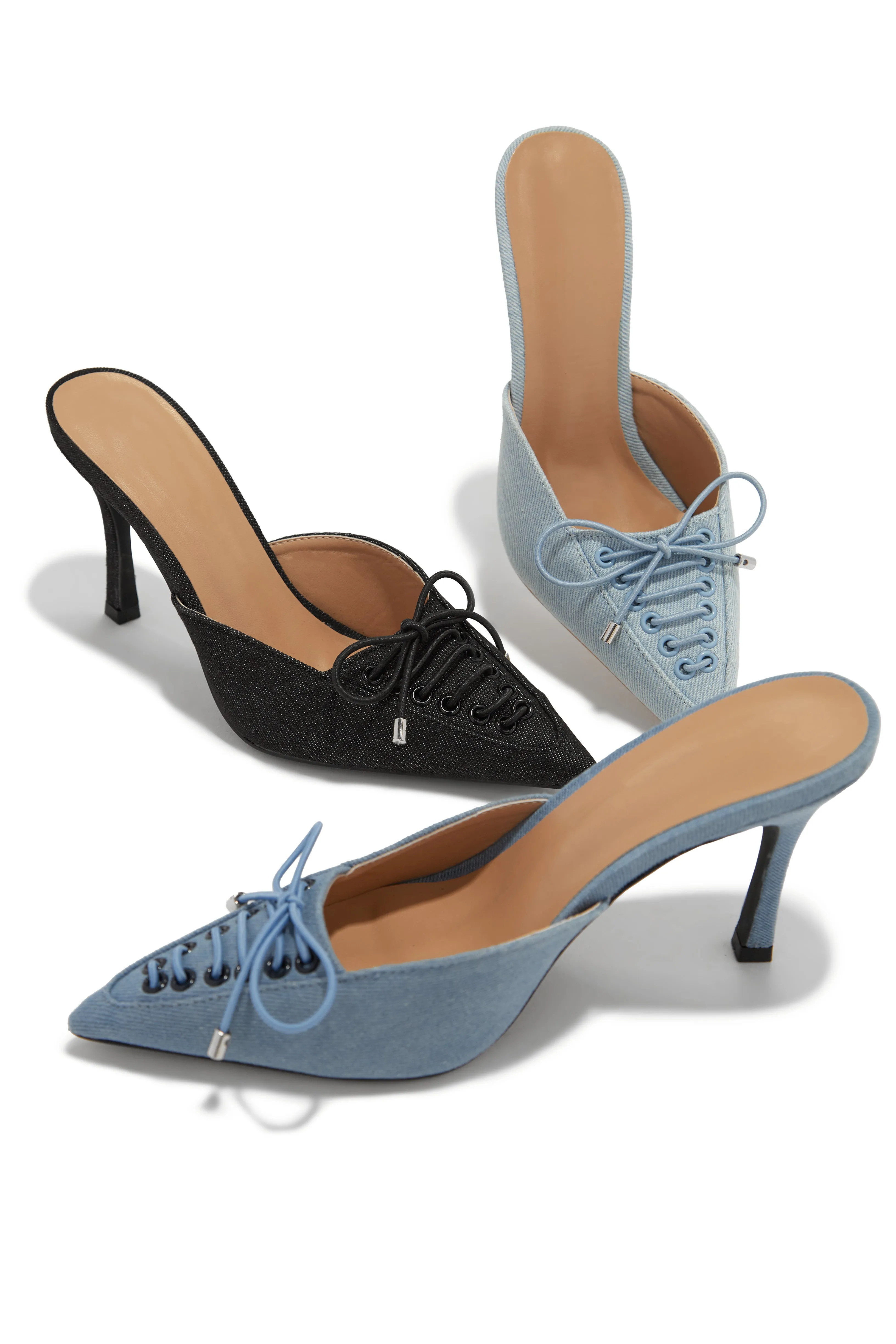 Nyla Pointed Toe Mule Heels - Black Denim