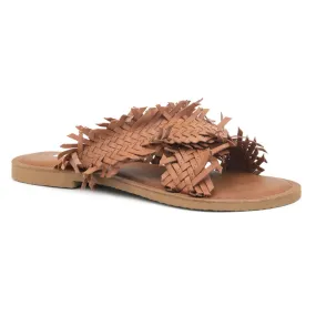 Origami Style Tan Cross Strap Flat Sandals