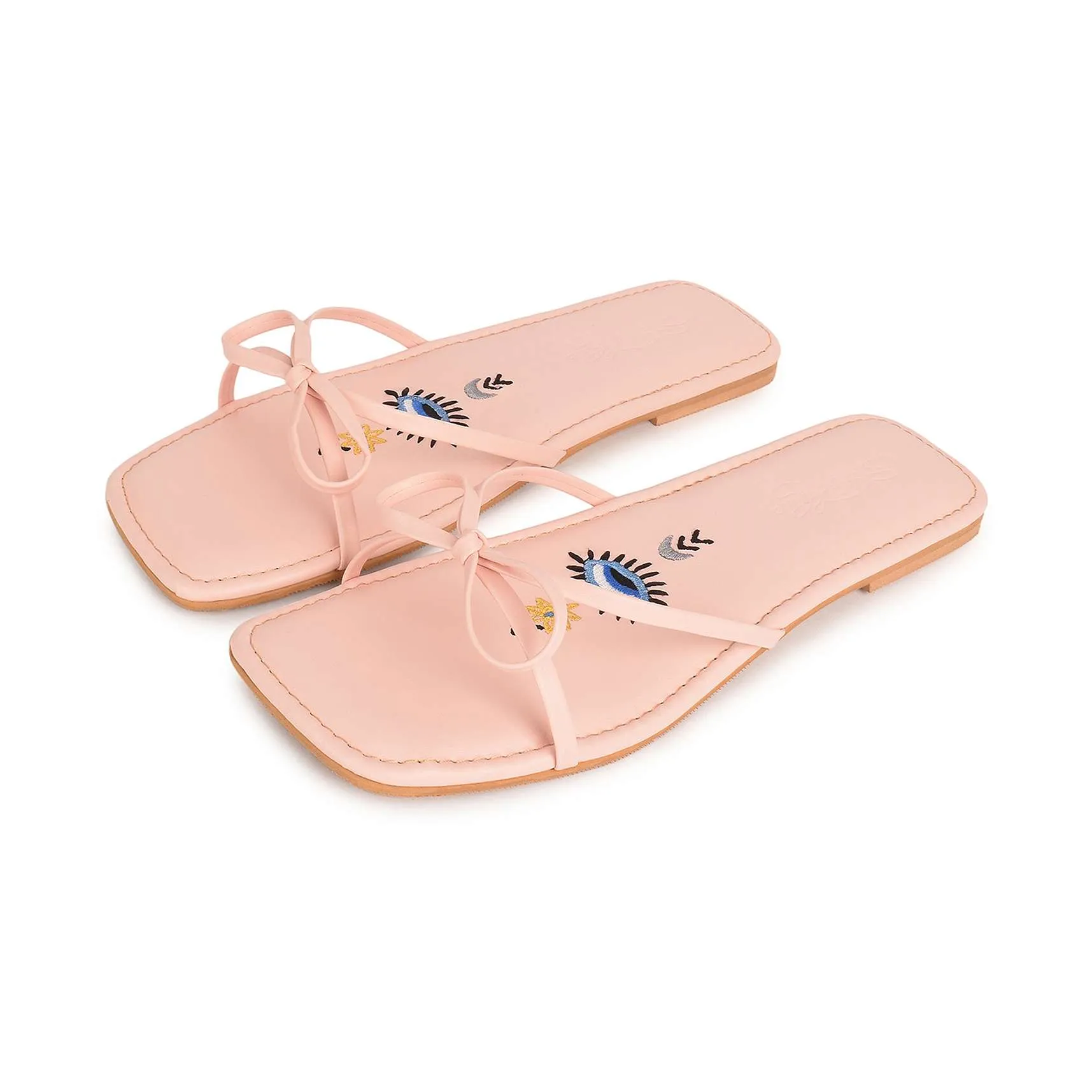 Pastel Pink Flats With Bow Detailing And Evil Eye Motif By Sole House