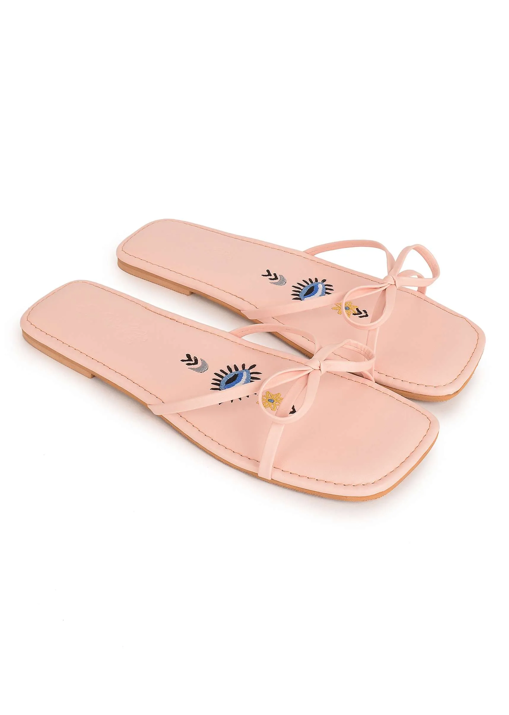 Pastel Pink Flats With Bow Detailing And Evil Eye Motif By Sole House