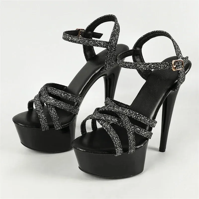 Sequin Cloth Narrow Band Buckle Strap Stiletto Heels Stripper Shoes