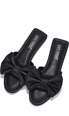 Summer Black Vegan Leather Bow Knot Flat Sandals