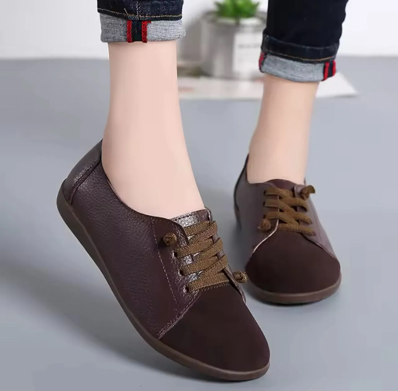Woman Ladies Shoes Leather Non-slip Flats Lace Up Sneakers 517807