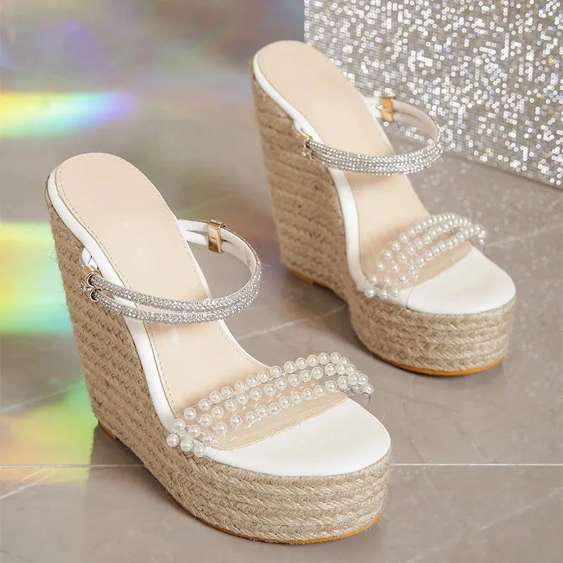 Women Wedge Shoes New Summer Fashion Pearl Decoration Toe Open Toe Platform Heels Comfortable Casual Slope Sandals 15cm
