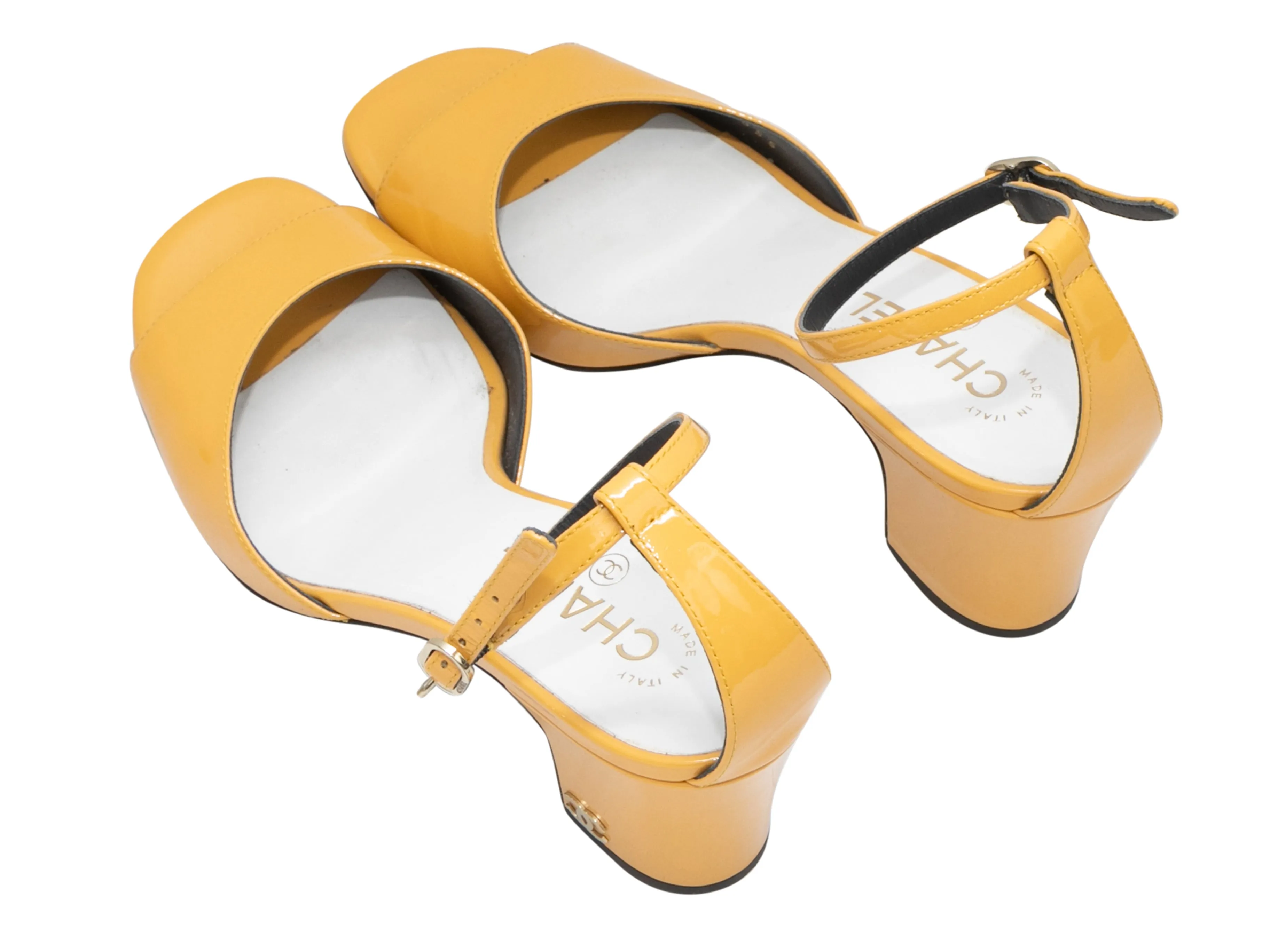 Yellow Chanel Patent Leather Ankle Strap Heeled Sandals Size 39