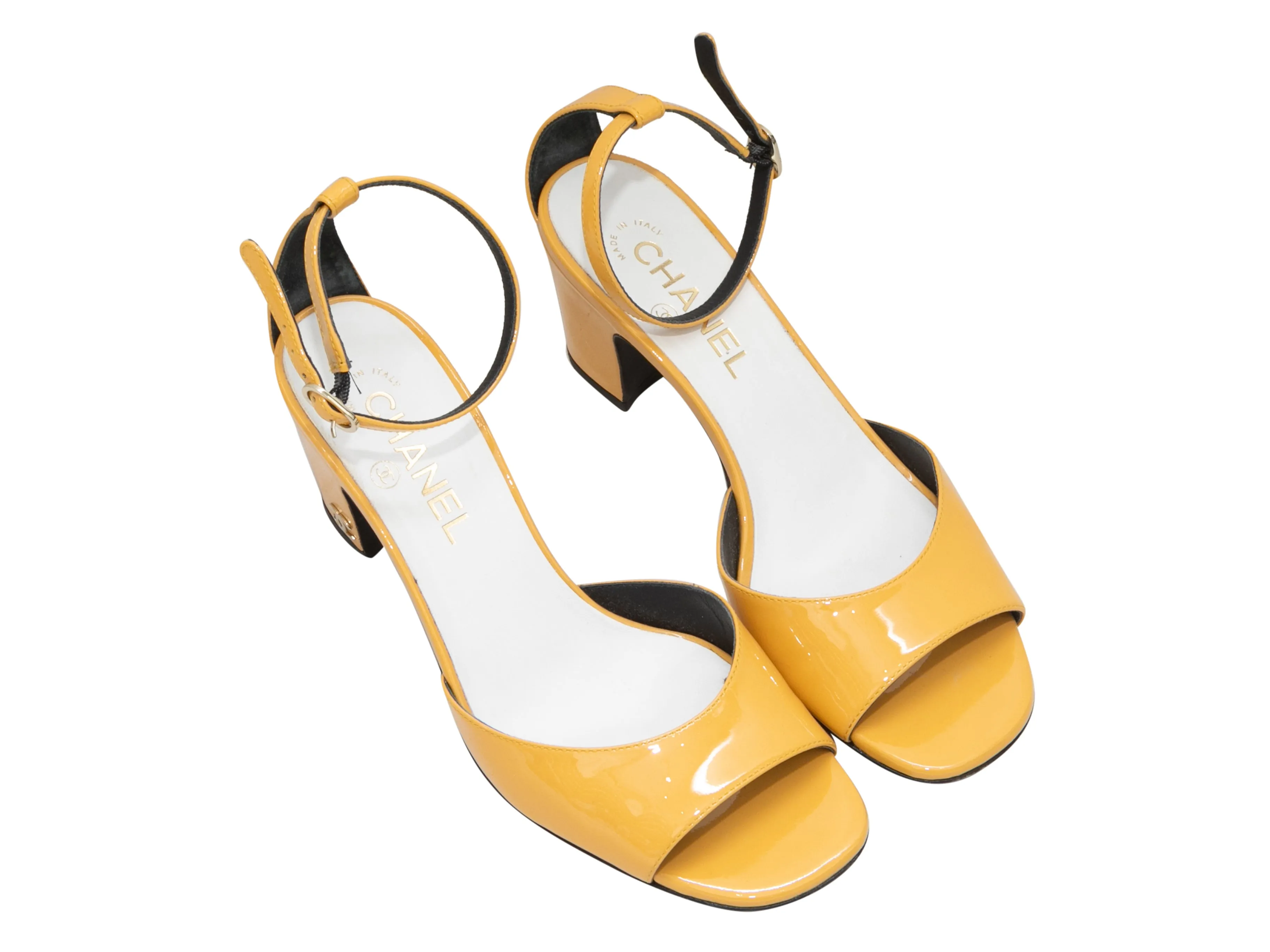 Yellow Chanel Patent Leather Ankle Strap Heeled Sandals Size 39