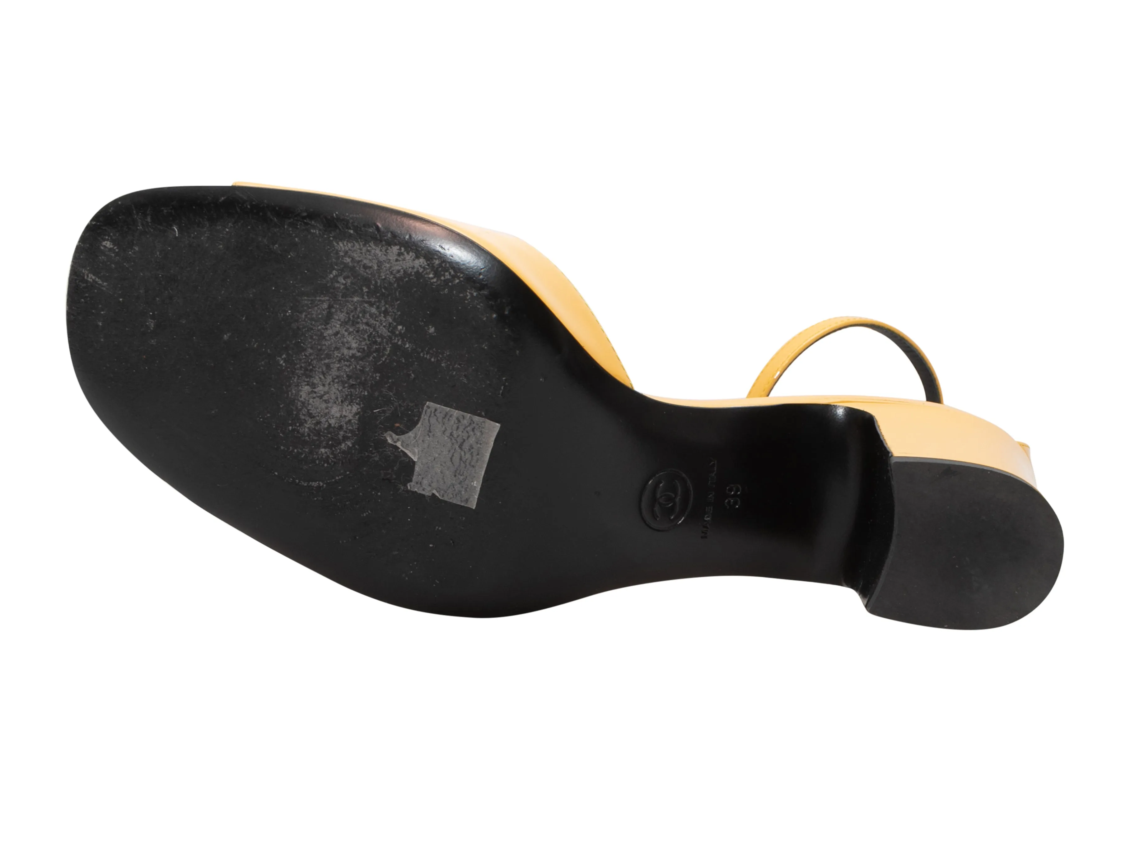 Yellow Chanel Patent Leather Ankle Strap Heeled Sandals Size 39